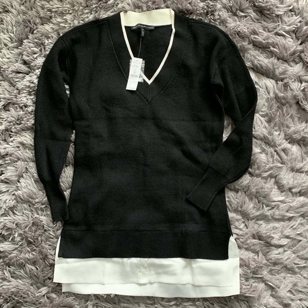 NWT White House Black Market Black Mixed Media V Neck Tunic Sweater NEW Sz XS - Picture 6 of 10